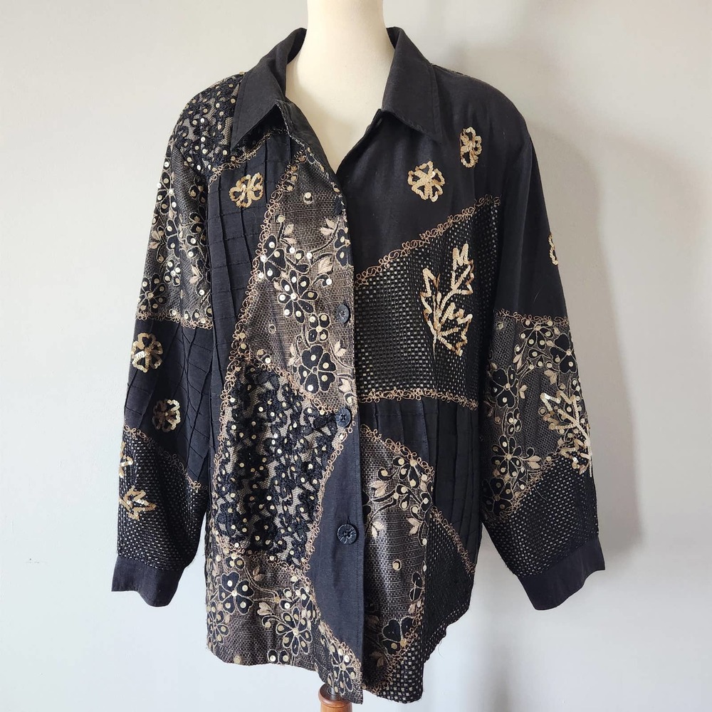 Indigo Moon Black and Gold Sequin Embroidered Jacket - Plus Size